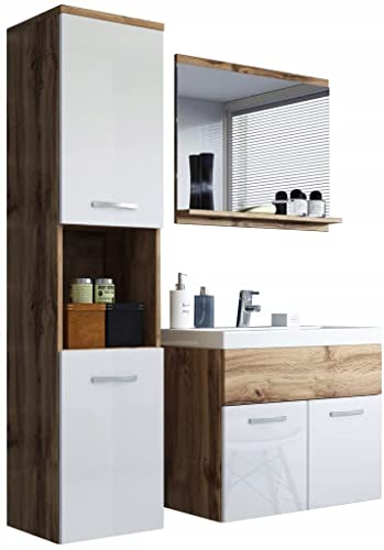 PIASKI Ensemble de meubles de salle de bain Montréal, petit meuble de salle de bain, lavabo inclus, différentes couleurs (Blanc brillant/Wotan) One size...