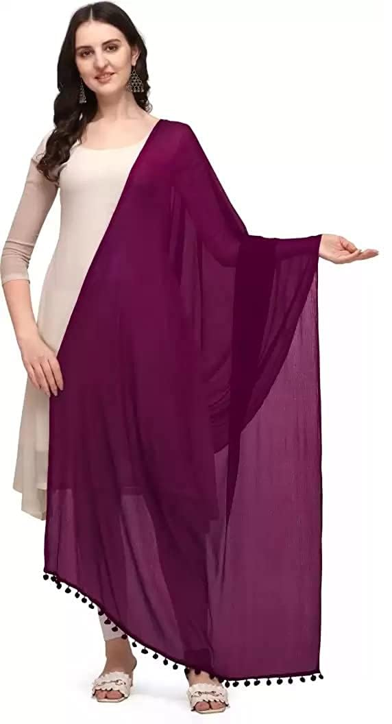 GURUSOAMI Women's Chiffon Plain Dupatta/Skarf/Stall Size 2.25 Meters With Lace Casual Use For Women/Girls Purple Wine-picture-17