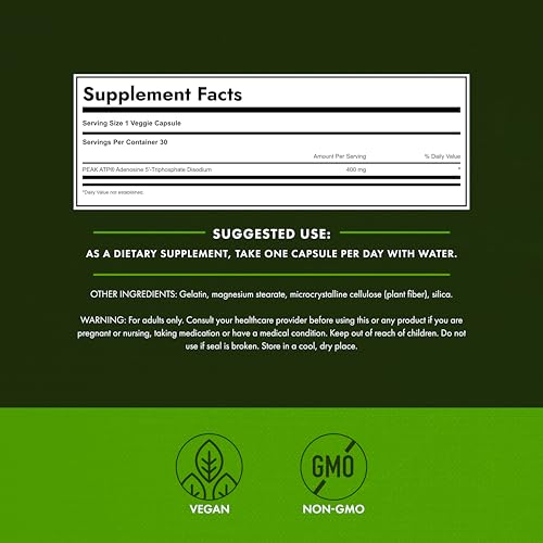 Image of Swanson Maximum Strength Peak ATP Cellular Energy Supplement for Athletes and Active Adults Seeking Performance and Recovery Support - 400 mg (30 Veggie Capsules)