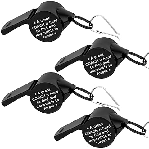 4 Pack Stainless Steel Lanyard Whistle Gift for Coach with A Word A Great Coach is Hard to Find and Impossible to Forget,Thank You Coach Gift,Loud Crisp Sound Whistles with 4 Gift Box. (Black) Cover
