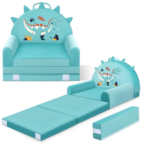 Dinosaur Kids Sofa Bed with Removable Washable Cover & Magic-Tape Backrest –Foldable Toddler Chair Kid Couch, Cozy Crystal Velvet Furniture for Playtime, Naps & Travel (Soft Ggreen, Dino Design)