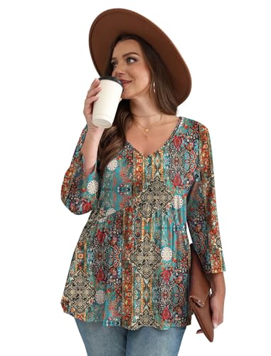 Image of OFEEFAN 3 /4 Length Sleeve Womens Tops 2026 Blouses for Women Dressy Casual Fashion Clothing V Neck Babydoll Tops Fall Outfits