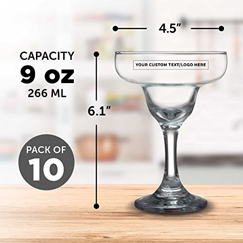 DISCOUNT PROMOS 10 Margarita Glasses Set, 9 oz. - Personalized Text, Logo - Classic, Smooth, Barware, Glassware - Clear