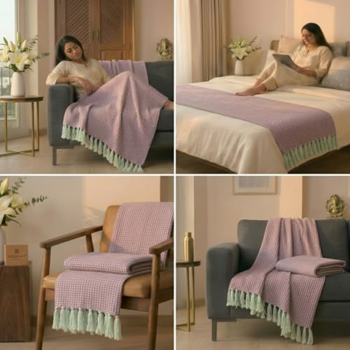 Image of SAJAVAT HOME Hand Crafted Cotton Sofa Throw Blanket | Baby Pink & Beige All-Season Throw for Sofa, Couch & Bed | Soft Lightweight Knitted Design with Tassels | 80x52 Inches (204x132 cm)