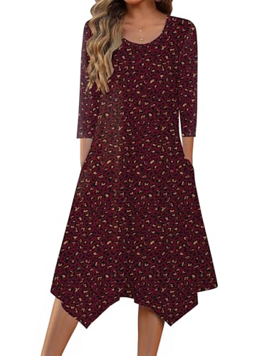 Zeagoo Midi 3/4 Sleeve Dress Casual Wedding 2025 A-Line Flower Tunic Dresses Modest Vintage Flowy Elegant Dress with Pockets Vestidos Casuales para Mujer Leopard