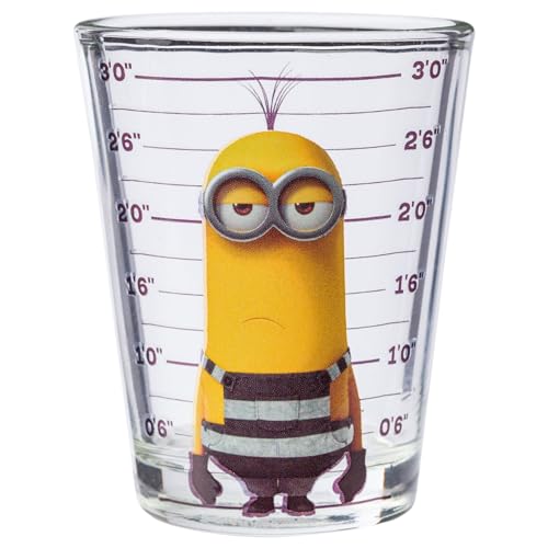 Image of Silver Buffalo Minions Despicable Me Mug Shot Featuring Bob, Stuart, Tim, and Dave 4 Pack Mini Glass Set, 1.5 Ounces
