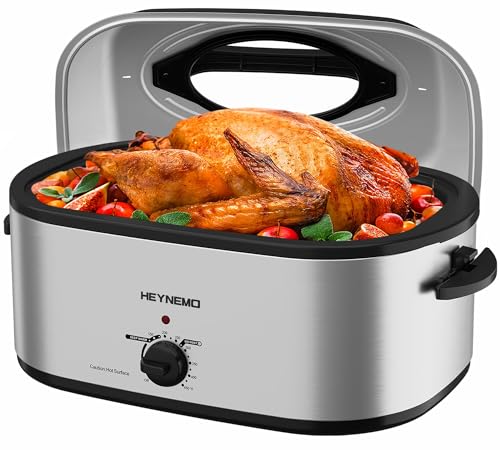 Image of 28Qt Electric Roaster Oven, with Self-Basting Lid, Removable Pan, Cool-Touch Handles, 1450W Stainless Steel Turkey Roaster Oven, Silver