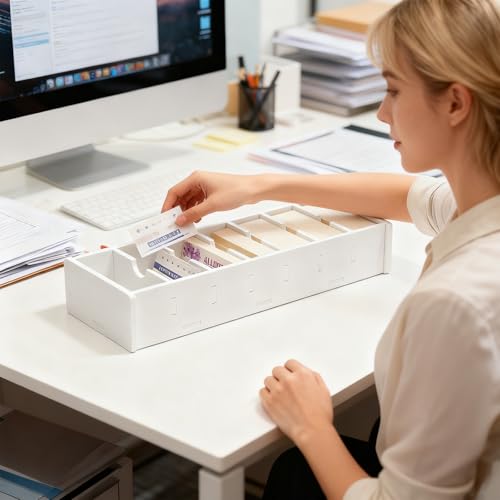 Qibivfo A7 Karteikarten Box aus Holz-Kunststoff-Verbund 36.3×12×6.4cm – Große Index Box mit 8 Fächern, Flexible Trennwände, Ideal für A7/A8 Karteikarten, Visitenkarten & Büroorganisation