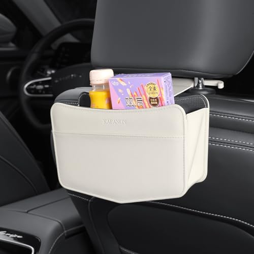 Image of Car Trash Can Small Leather Vehicle Trash Bin Car Dustbin Garbage Organizer Holder with Trash Bag Foldable Mini Cars Storage Bag Container for Auto SUV Van Trucks (White,Hanging Hook)