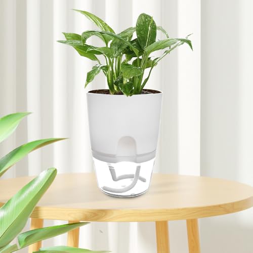 Vasos de flores autoirrigáveis, vasos autoirrigáveis para plantas de interior, vasos de plástico com corda de algodão absorvente (branco, 8,2 x 11,3 cm)