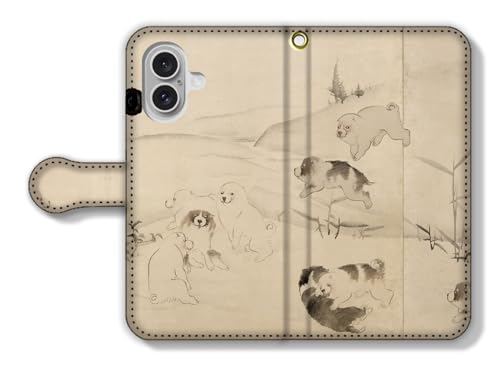 手帳型 iPhone17互換 スマホケース 【世界の名画】 長沢芦雪 ☆日本画☆ 風景画 動物画 アート 絵画 芸術 日本 和 和風 伝統 (雪狗子図襖)