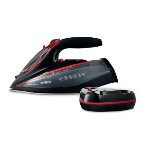 Tower Cordless Steam Iron 3100W Corded or Cordless Use for Flexible Ironing XL Soleplate 20% Larger 200g Steam Boost Ceramic Soleplate Anti-Scale System Red & Black (T22035RED)
