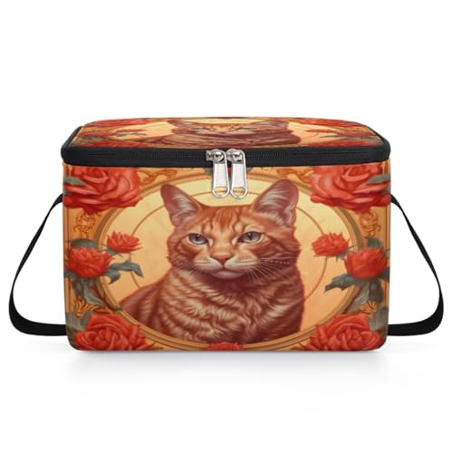 GzLeyigou Cat with Rose Lunch Bags for Women Men 9 Cans, Hot & Cold Food Delivery Bag Insulated Grocery Bag Insulated Lunch Box Cat Cooler Bag for Office Work Picnic Beach