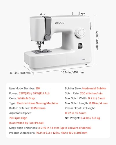 Image of VEVOR Sewing Machine, 18 Stitch Applications, with LED Light and Foot Pedal, Simple Dial Control, Interior Metal Frame, Lightweight and Portable Beginner Sewing Machine for Adults Crafts and Mending
