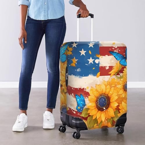 USA Flag Sunflower and Butterfly Suitcase Protector Elastic Luggage Cover Protector Anti-Scratch Travel Suitcase Cover Fits 18-32 Inch Luggage Dust Proof and Lightweight4