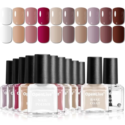 OpenLive 12 PCS Nail Polish Set 10 Color With 2PCS Base and Top Coat Quick Drying Fall Nude Brown...