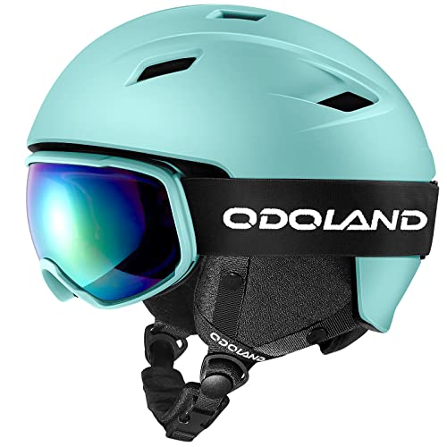 Odoland Kit de Casco Esquí con Gafas Esquí, Casco Snowboard para Hombres Mujeres Jóvenes, Protección UV 400 y a Prueba de Viento, Casco Deportivo para Esquí Snowboard y Patinaje, Cyan, S