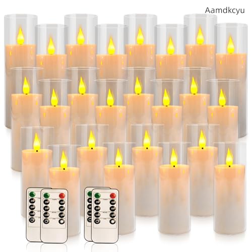Image of 24-Pack Premium Flameless LED Candles - Elegant White & Clear Acrylic Pillar Design with Realistic Flickering Flame, Remote Control & Timer for Weddings, Christmas, Halloween & Home Decor