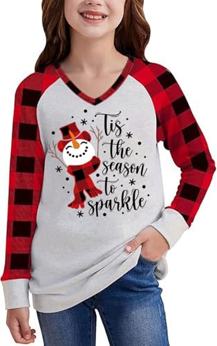 Merry Christmas V Neck Shirt for Girls Kids Winter Xmas Funny Buffalo Plaid Raglan Long Sleeve Holiday Tops 5-14Years