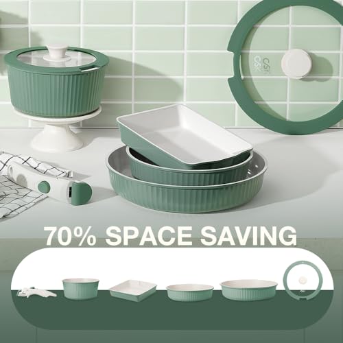 Image of KOCH SYSTEME CS 12 Pcs Ceramic Cookware Set with Detachable Handle, Nonstick Pots and Pans Set, Induction /Dishwasher Safe Pots and Pans, Space Saving Kitchen Set with Tamagoyaki Pan & Utensils, Green