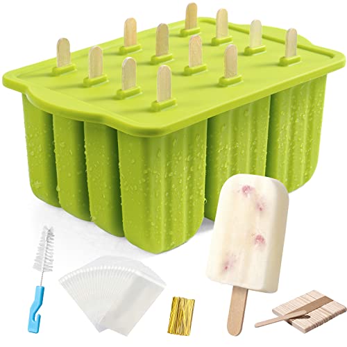 Popsicles Molds, 12 Cavities Silicone Popsicle Molds for Kids Adults Food Grade Popsicle Maker Molds BPA-Free Ice Pop Mold Homemade Ice Pop Maker with Popsicle Sticks, Popsicle Bags, Cleaning Brush, G