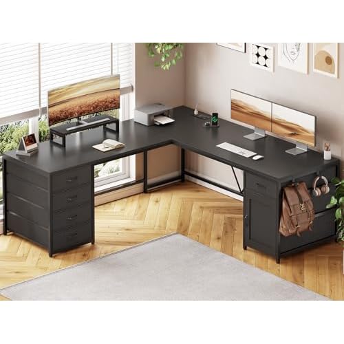 Sedeta SEDETA L Shaped Desk, 63'' Computer Desk with 5 Drawer & Power Outlet,Long Home Office Desk or Corner Desk, L Shaped Corner Desk with Monitor S