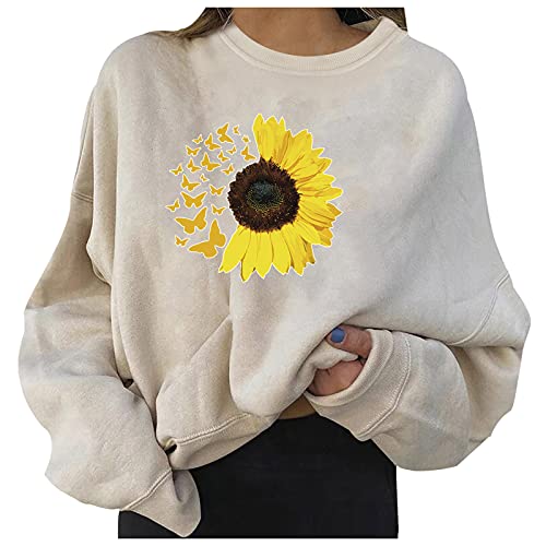 Hemlock Teen Girls Hoodies Sunflower Print Sweatshirt Girls Hooded Tops Long Sleeve Sweatshirt Pullover Coat Outwear White