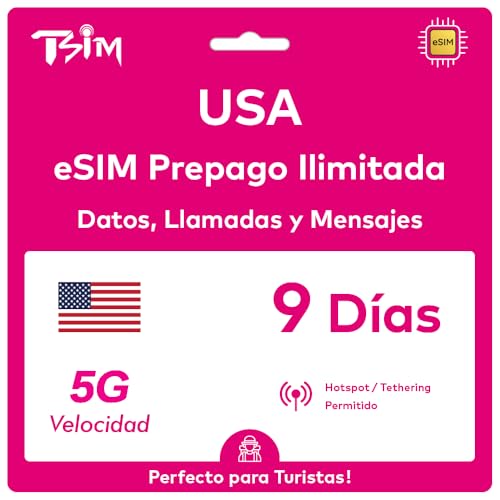 USA eSIM 9 Días. Red T Mobile con Datos Ilimitados de Alta Velocidad, Llamadas Locales y Mensajes en USA (Hawái Incluido). Obtén eSIM Mismo Día por Correo Electrónico y Comienza a Usar Inmediatamente