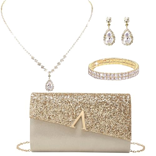LETODE 4Pcs Clutch Bag Jewelry Set For Women Rhinestone Shiny Evening Purse Handbag Purses For Wedding Party-Gold