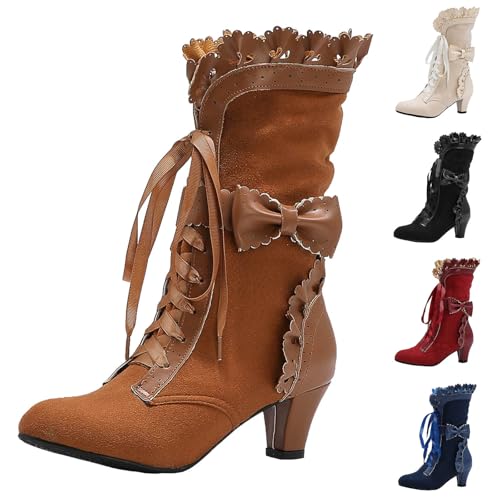 Victorian Boots for Women Chunky Heels Lace Up Mid Calf Boots Vintage Gothic Steampunk Halloween Costume Witch Shoes Medieval Renaissance Boots
