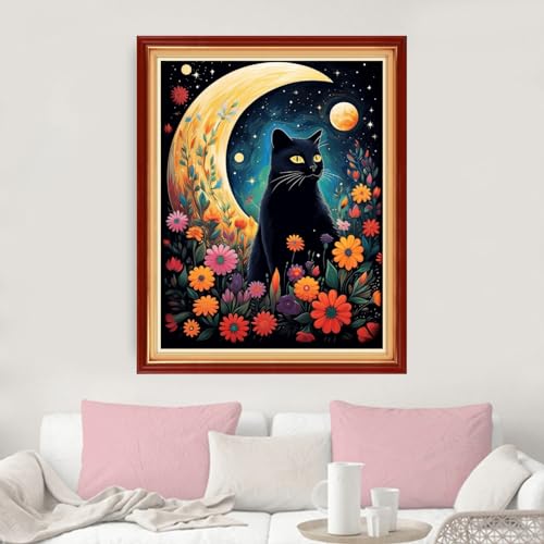Image of Dimxvean Stamped Cross Stitch Kits,Cross Stitch Kits for Adults Beginners,Embroidery Kits Full Range of Cross Stitch Stamped Kits Needlepoint Kits Cross Stitch Patterns-Moon Cat 16x20 inch