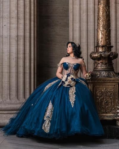 Youjiayi Gold Appliques Quinceanera Dresses with Train Puffy Tulle Beaded Sweet 16 Dress Off Shoulder Beaded Long Ball Gown4