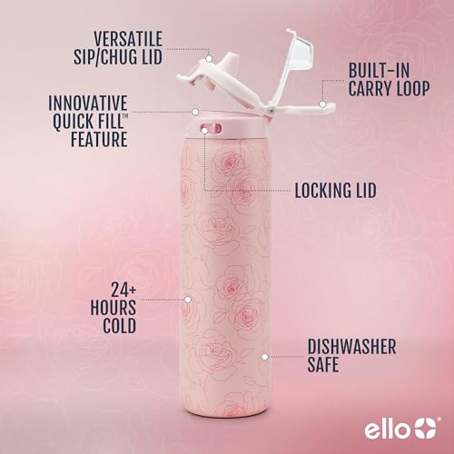 Image of Ello Pop & Fill 22oz Stainless Steel Water Bottle with Quick Fill Technology, Double Walled and Vacuum Insulated Metal, Leak Proof Locking Lid, Sip and Chug, Reusable, BPA Free, Roses