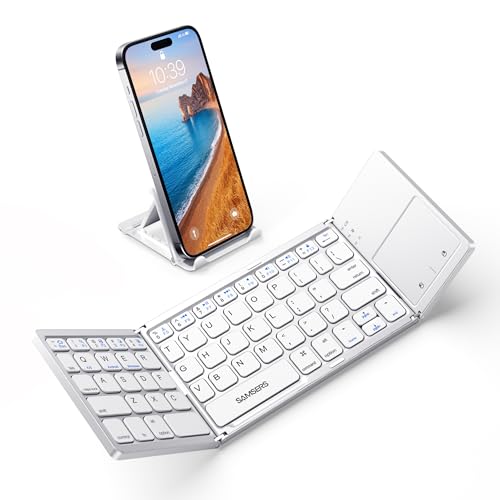 Image of Samsers Foldable Bluetooth Keyboard with Touchpad, Slim Compact, Silver | Multi-touch Trackpad, Full Size, Phone Holder, USB-C Charging, 1 Device, for Android Windows iOS Mac OS, Mobile Productivity