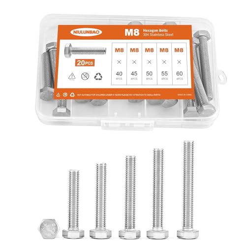 Image of M8 x 40mm 45mm 50mm 55mm 60mm Heavy Duty Hexagon Bolts Hex Head Screws, 304 Stainless Steel, Machine Fully Thread, Metric, Bright Finish, Assortment Kit 20PCS