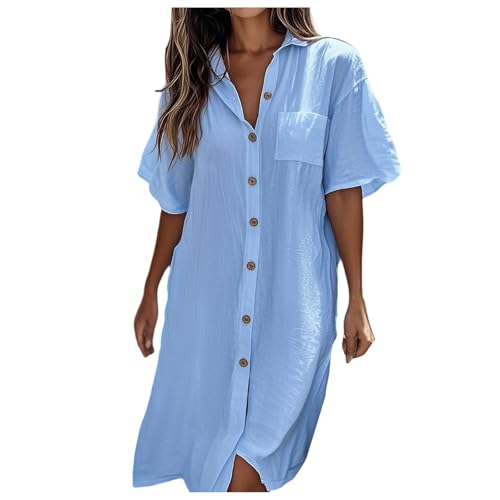 Women Solid Casual Short Sleeve Long Cardigan Shirt Dress Dresses for Graduation for Teens (Blue, S)