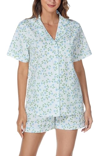 Image of LUBOT 100% Cotton Women's Pajamas Set Button-Down Two-piece PJ Set Short Sleeve Printed Patterned Summer Sleepwear Loungewear (Blue Blooms, XL)