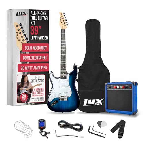 Image of LyxPro Left Hand 39 Inch Electric Guitar and Starter Kit for Lefty Full Size Beginner's Guitar, Amp, Six Strings, Two Picks, Shoulder Strap, Digital Clip On Tuner, Cable and Soft Case - Blue