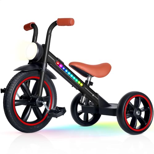 Image of KRIDDO Kids Tricycle, 12 Inch Puncture Free Wheel w Front Light, Adjustable Seat Height, Gift for 2-5 Year Olds, BlackLED