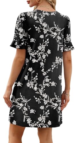 Image of OFEEFAN Summer Dresses for Women Ruffle Short Sleeve V Neck Casual Shift Dress with Pockets