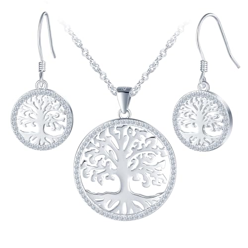 Yumilok Arbre de la vie Pendentif collier 925 en argent zirconie arbre de vie boucles d'oreilles pour les femmes 925 en argent