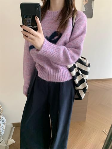 Image of Women's Y2K Bow Print Cropped Sweater Casual Loose Fit Pullover Tops Long Sleeve Crew Neck Chunky Knit Jumpers