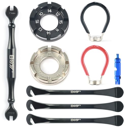 Image of Bike Spoke Wrench Tool Kit, 9 Pieces Bicycle Wheel Repair Tool Set with Tire Levers, Nipple Wrenches, and Valve Core Removal Tool