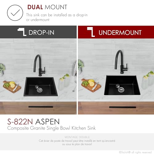 Image of Stylish Pietra 22 Inch Composite Granite Kitchen Sink, Single Bowl Dual Mount Drop-In or Undermount, Quartz Composite (80% Quartz), 8-1 /4 inch Deep, Rear Center Drain, Strainer included, Black, S-822N