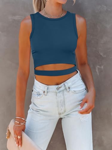 Image of ANRABESS Women Tank Tops High Neck Sleeveless Sexy Cutout Racer Back Going Out Crop Tops Shirts Summer Y2K Outfits