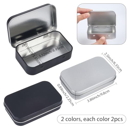 Image of 4 Pack 2 Colors Tin Box Empty Hinged Tins Mini Portable Metal Rectangular Black Silver DIY Storage Travel Outdoor Case Metal Boxes with Hinged lids for Home Keys Organizer Jewelry Crafts