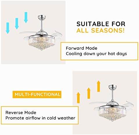 Moooni Modern 42 Inches Dimmable Fandelier Crystal Retractable Ceiling Fans with Light and Remote, Invisible LED Crystal Chandelier Fan for Bedroom-Polished Chrome 8 41s+q1uUTHL. AC