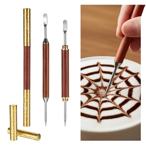 2PCS Latte Pen Stainless Steel Latte Art Tools Double-Ended Coffee Drawing Tool with Wood Handle Professional Barista Accessories for Home Travel Cafe Use with Stencils