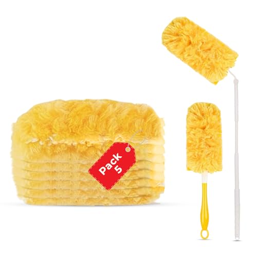 Image of Disposable Microfiber Disposable Feather Duster for Home Cleaning with 5 Refills-1 Short+1 Long Handle-Multipurpose Dusting Brush with Bendable Head Ideal for Cleaning AC Vents Car Blinds Furniture
