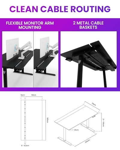 Image of Arozzi Arena Nordico Gamer Desk - 55x27.6 inch Electric Standing Table - PC Gaming Desk with Storage for Cables - Dual Cable Baskets, Split Tabletop, Monitor Arm Friendly - Black
